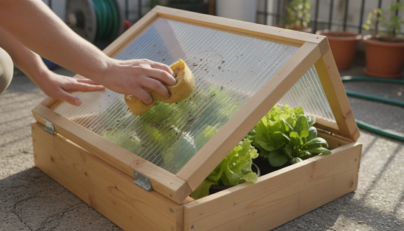 Hands wiping the clear plastic lid of a DIY wooden cold frame clean on a balcony, with healthy plants visible inside.