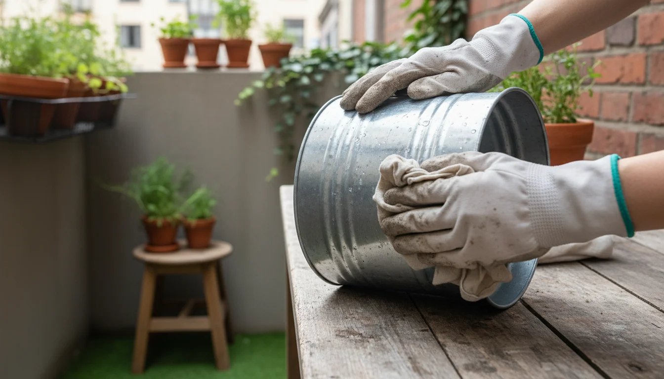 Hands in work gloves cleaning a galvanized metal planter pot on a wooden workbench, removing dirt and water spots.