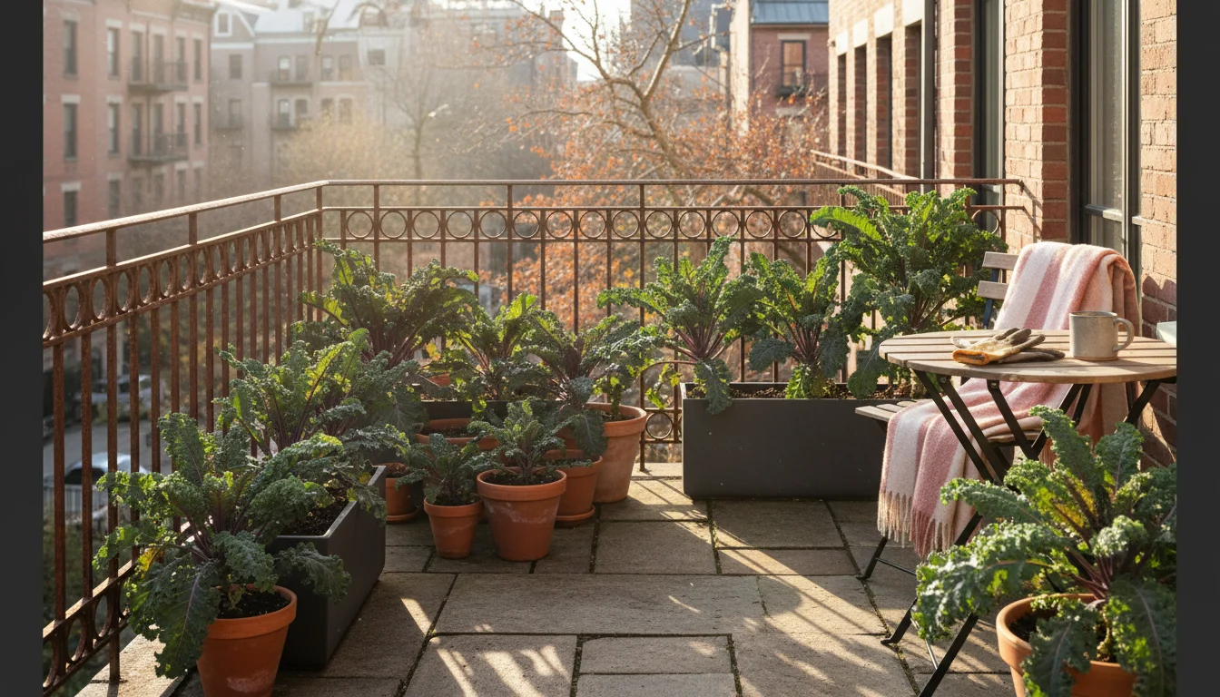 Healthy kale plants in various pots on a sunny urban balcony or patio, strategically positioned to maximize late fall sunlight.