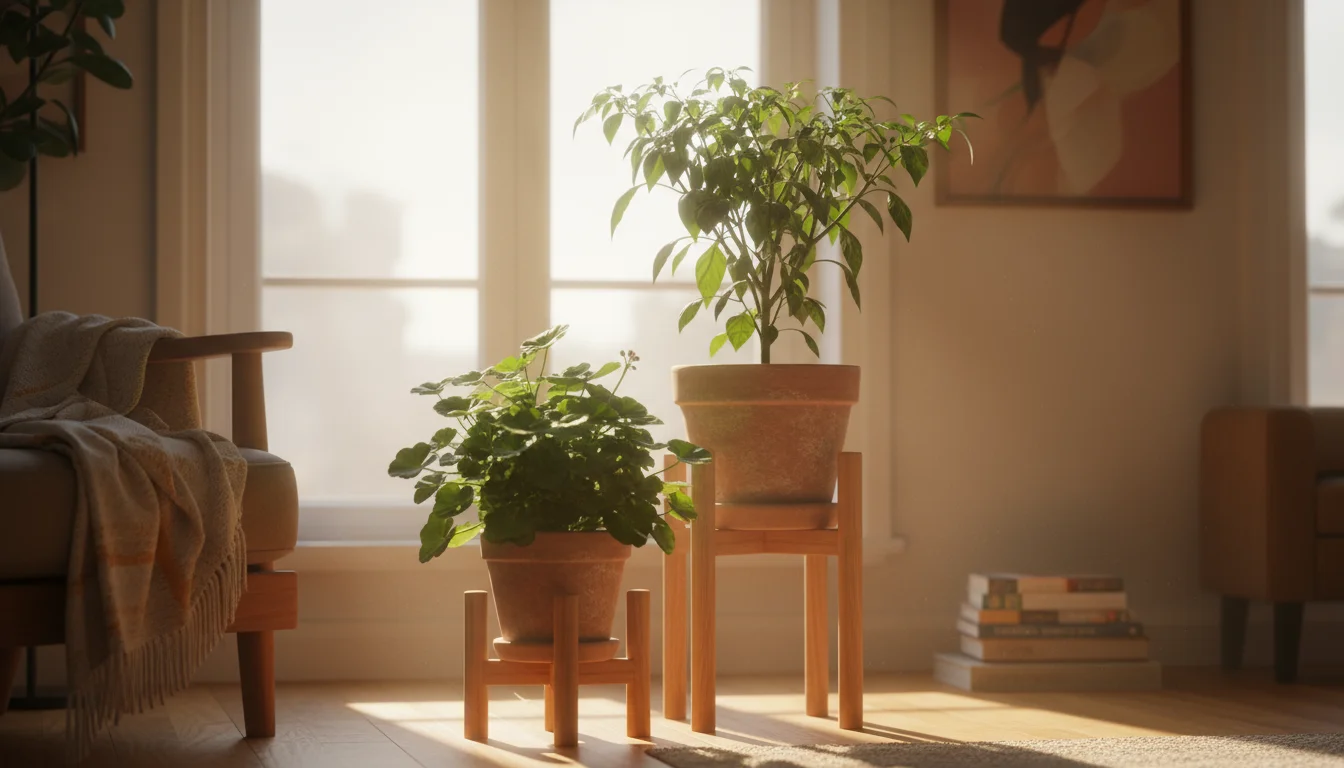 Healthy potted pepper and geranium plants bathed in bright sunlight from a window, with a grow light providing supplemental illumination indoors.