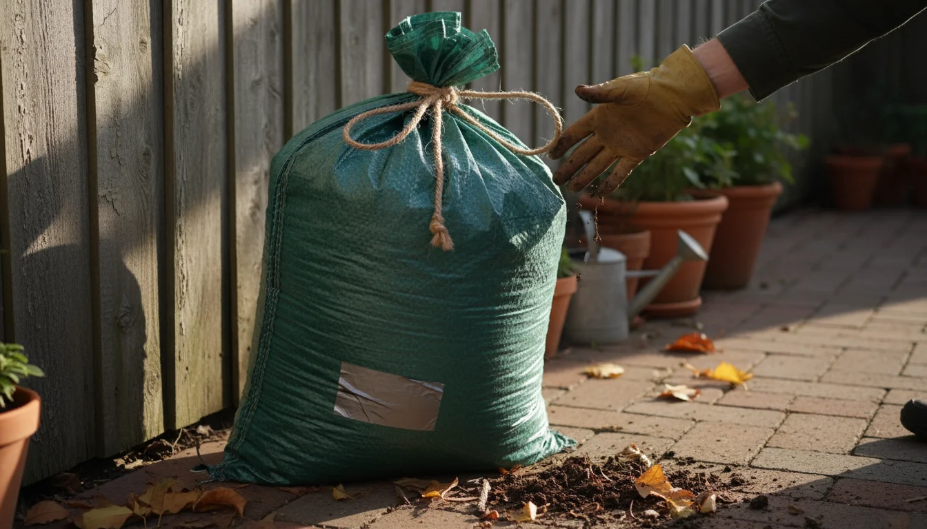 A heavy-duty dark green leaf mold bag with a silver duct tape patch sits on a brick patio next to potted plants, a hand rests on it.