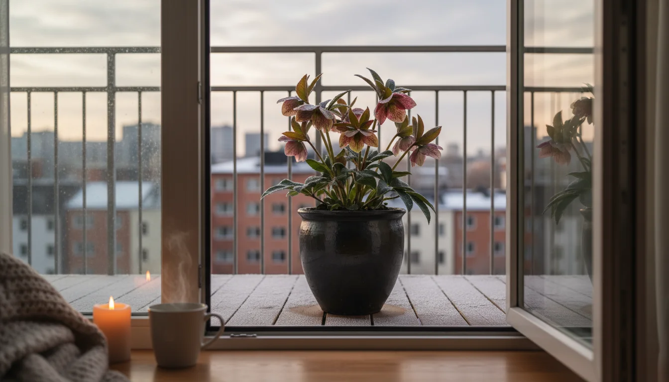 Hellebore plant with deep maroon and speckled pink flowers emerging through light frost in a dark ceramic pot on a small urban balcony.