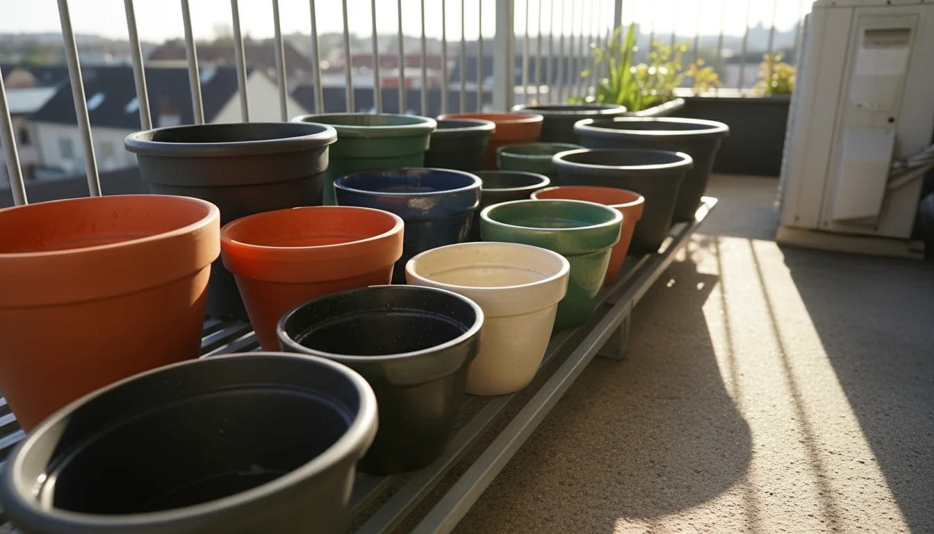 High-angle view of various empty, clean terracotta, ceramic, and plastic pots drying in bright sunlight on a metal rack on an urban balcony.