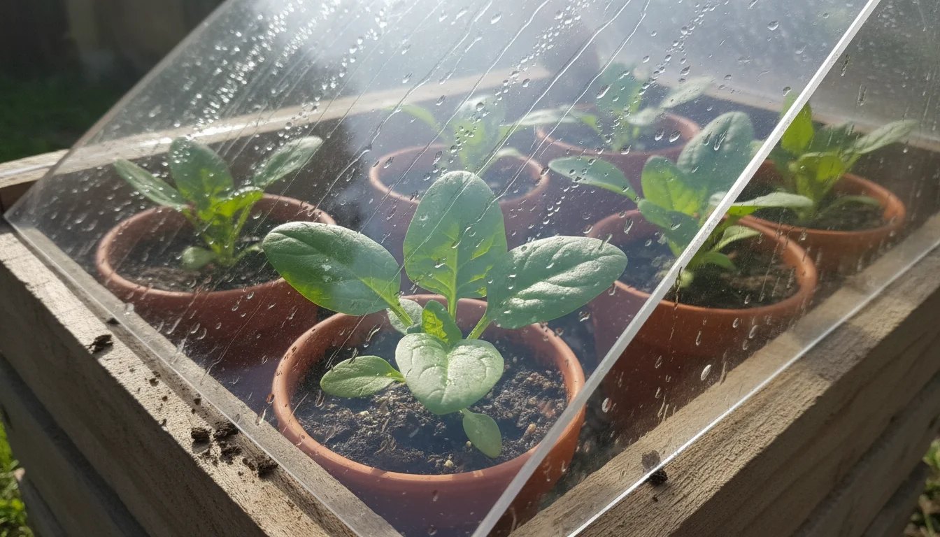 Close-up inside a small cold frame, showing a green plant with white powdery mildew spots and condensation on the clear lid.