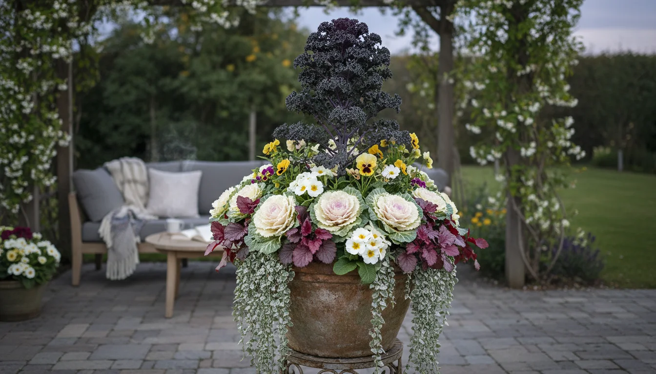 A large dark gray pot on a wooden patio deck holds a vibrant mixed container garden. Tall purple kale is surrounded by pink and white ornamental cabba