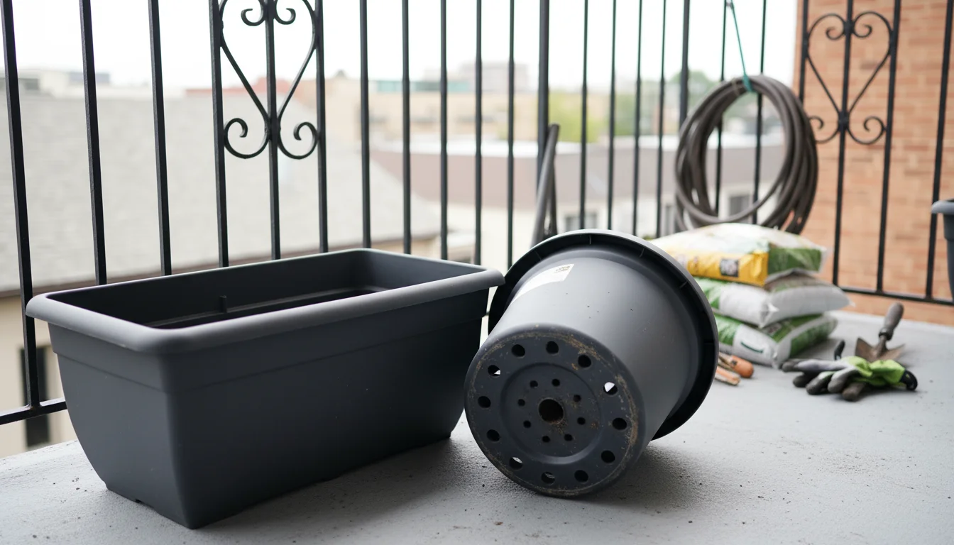 Large, empty charcoal gray fiberglass and slate plastic pots on a city balcony, one tilted to show drainage holes.