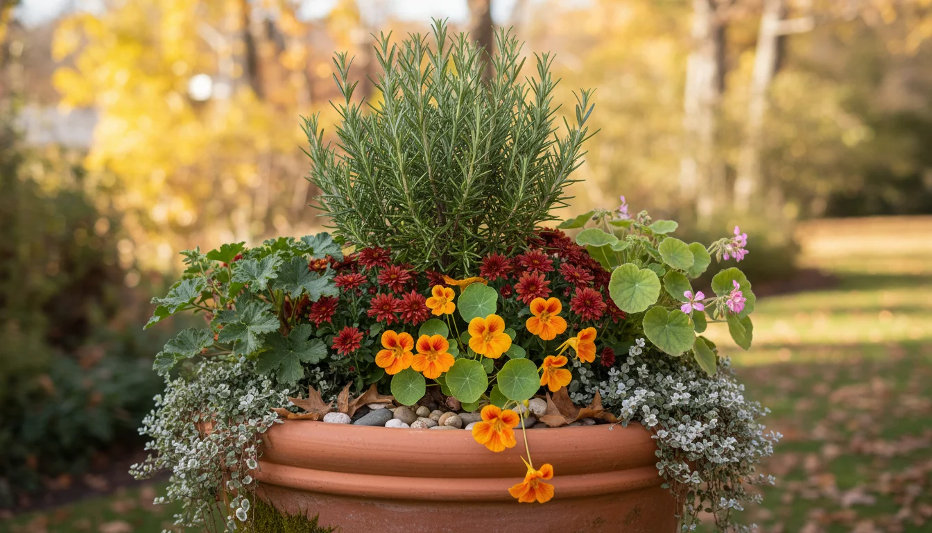 Large terracotta pot brimming with fragrant fall plants: rosemary, scented geraniums, chrysanthemums, lemon thyme, and white sweet alyssum spilling ov