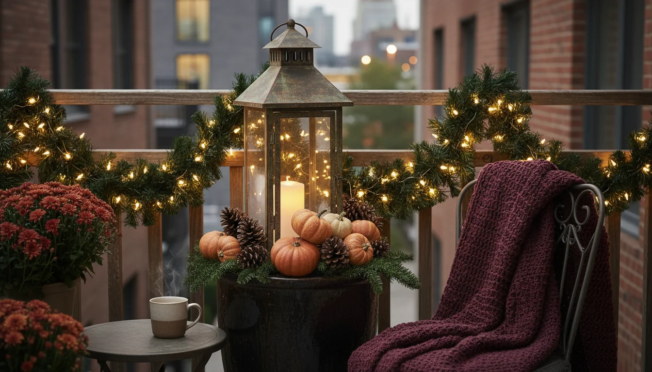 A layered fall/winter balcony display: rustic lantern, gourds, pinecones, faux evergreen with fairy lights, and mixed pots in soft light.
