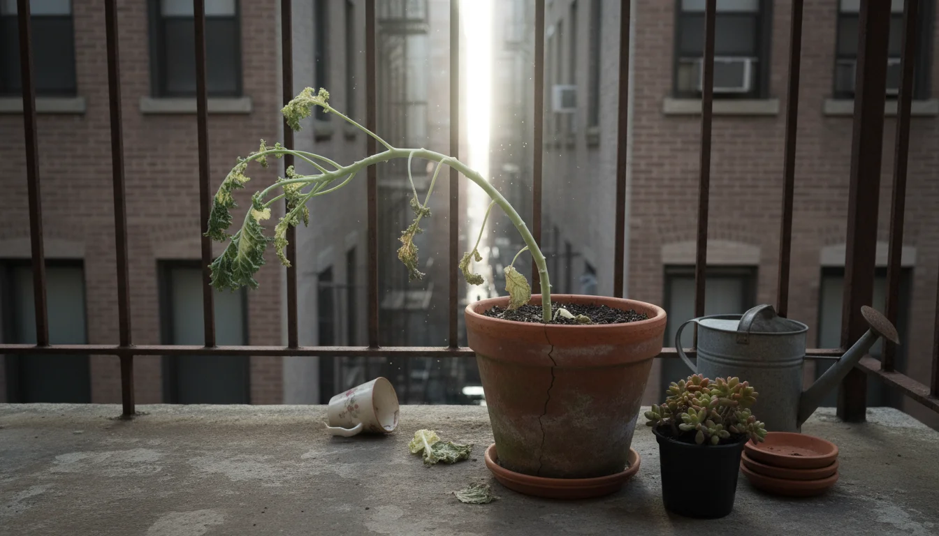 Leggy ornamental kale in a terracotta pot in a shaded patio corner, its pale stems stretching towards a distant sunny patch.