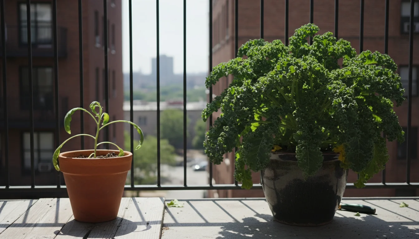 A leggy, pale green kale plant in a small pot on a shaded balcony. Next to it, a healthy, dark green kale in a larger, sunny pot.