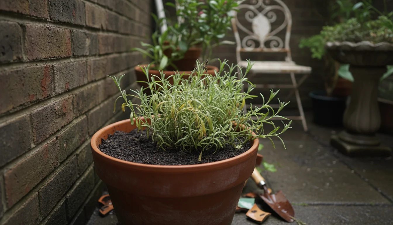 A limp, slightly yellowed lavender plant in a terracotta pot sits in a dark, shaded patio corner with visibly damp soil.
