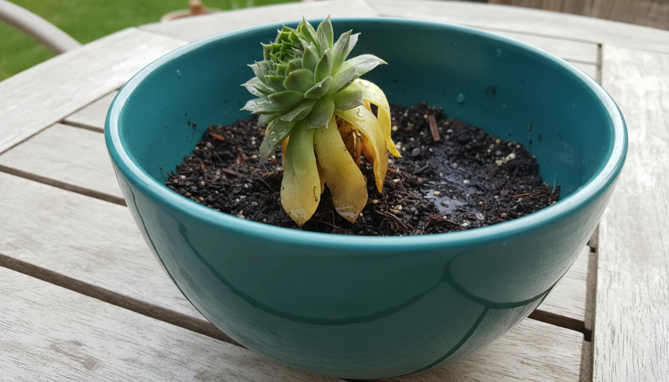 A limp, yellowing Sempervivum succulent in a glossy teal ceramic bowl with dark, visibly wet soil on a wooden patio table.