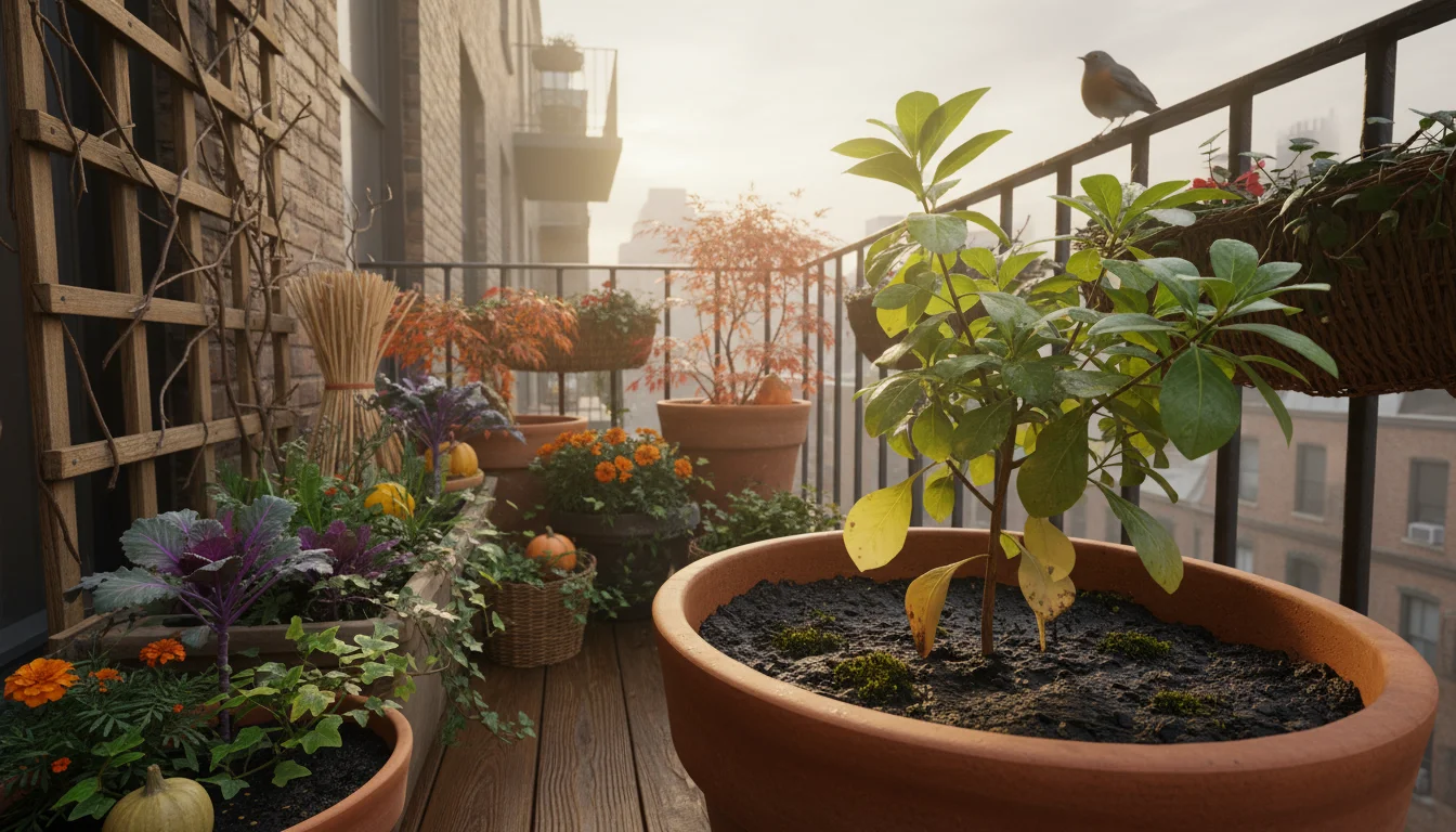 Low-angle view of a compact fall balcony garden. One terracotta pot has a plant with yellowing leaves, while surrounding containers thrive.