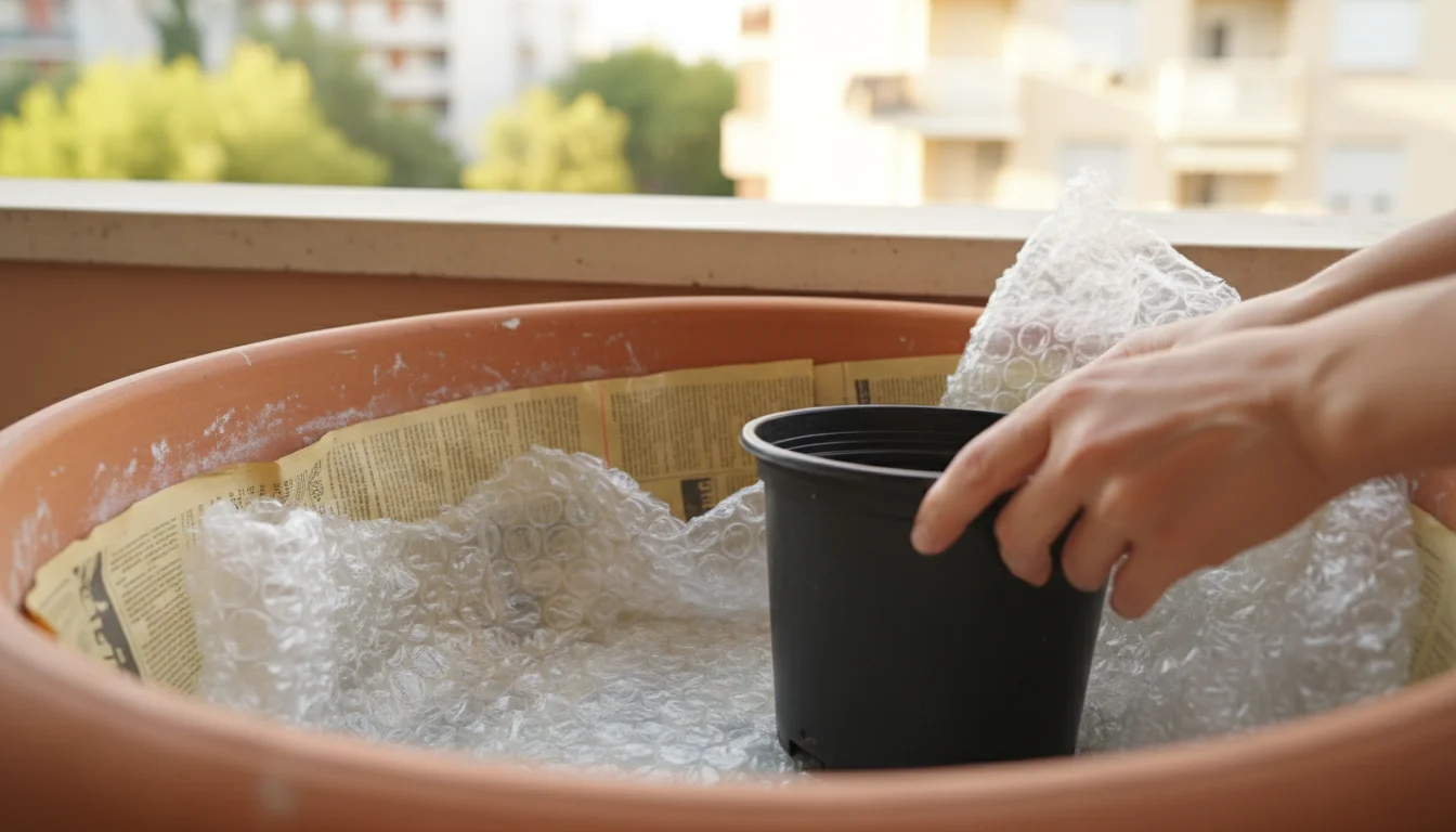 Low-angle view from inside a large terracotta pot being insulated with crumpled newspaper and bubble wrap for winter.