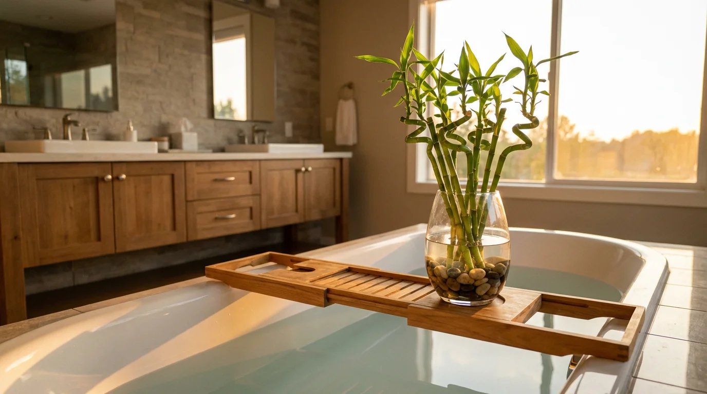 Lucky Bamboo growing in water on a bathroom tub caddy during golden hour