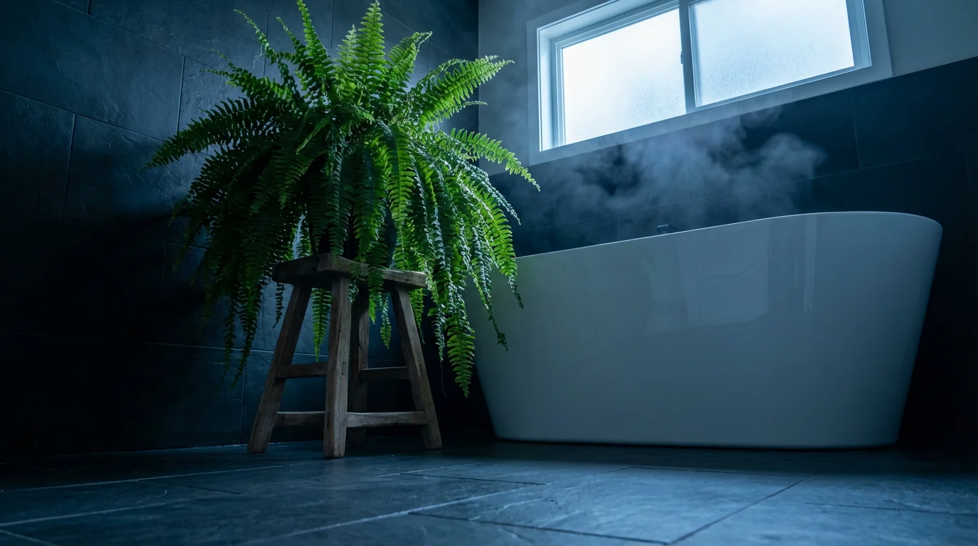 Lush Boston Fern next to a bathtub in a dark bathroom during blue hour.