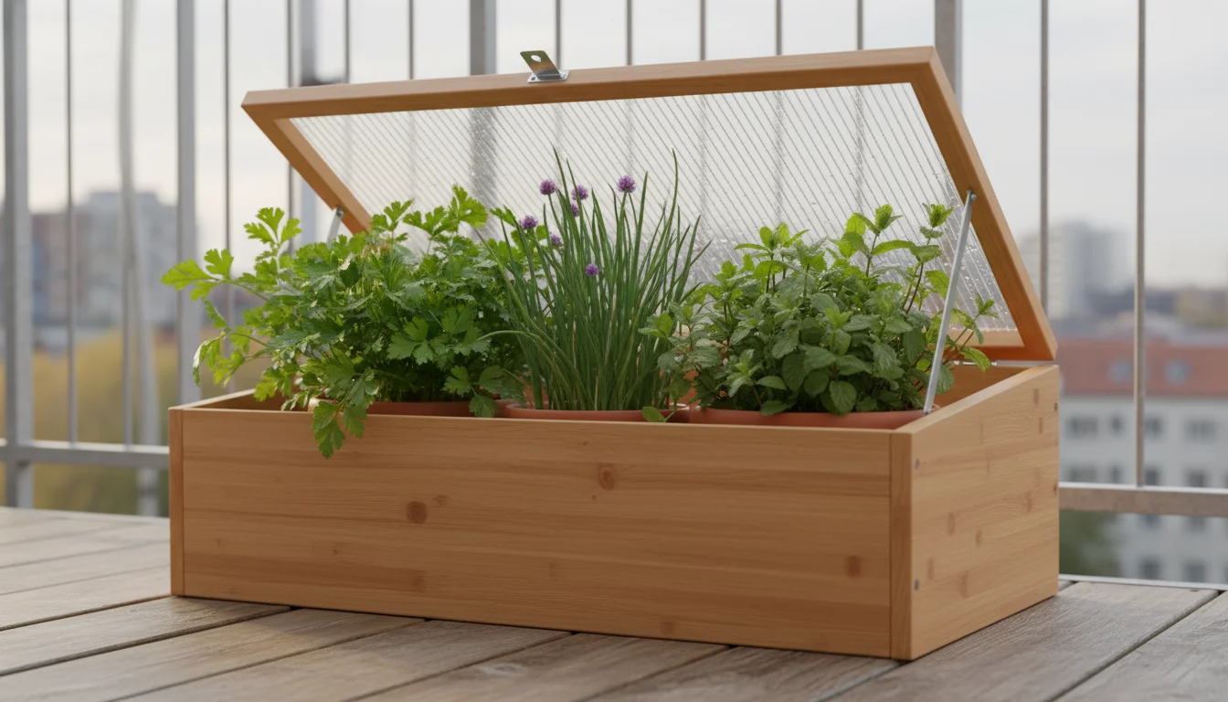Lush flat-leaf parsley, chives, and cilantro thrive in terracotta pots inside a wooden cold frame on a balcony, lid ajar.
