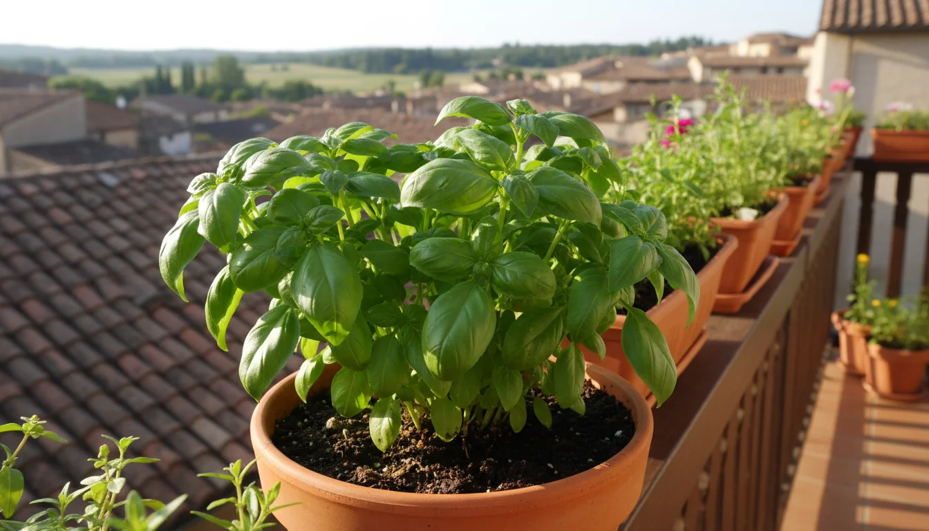 Lush, green basil plant overflowing from a terracotta pot on a wooden balcony railing, with rich, dark soil visible.
