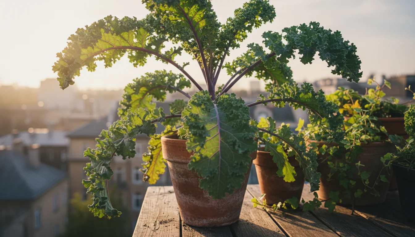 Lush Red Russian kale in a terracotta pot on a balcony, backlit by soft morning sun with a watering can nearby.