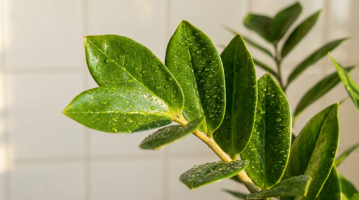Macro photography of waxy green ZZ plant leaves illuminated by warm sunset light.