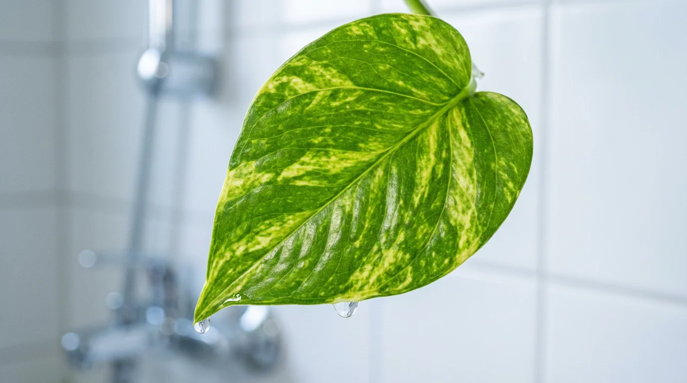 Macro view of variegated Golden Pothos leaf with water droplet in bathroom setting.