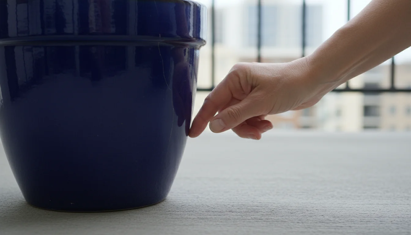 A mature hand inspects a subtle hairline crack on a deep indigo blue glazed ceramic pot on a balcony floor.