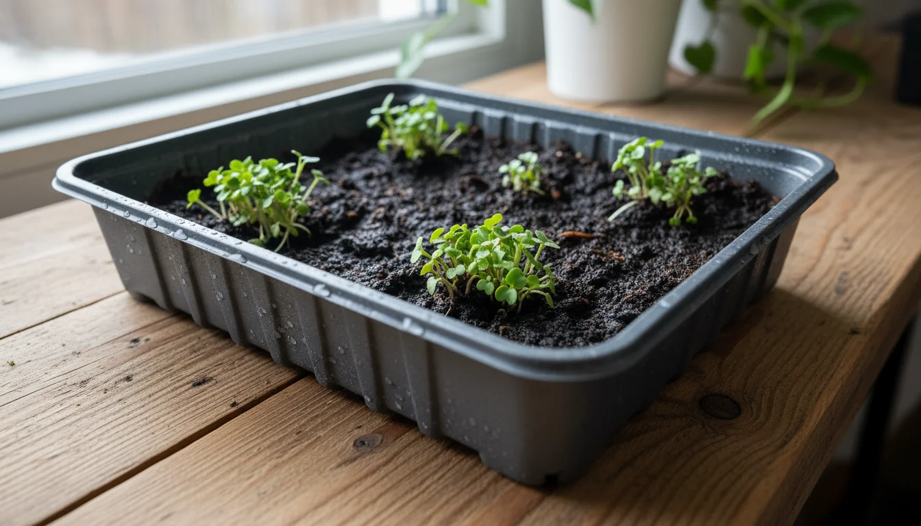 A microgreen tray shows uneven germination with bare soil patches next to small, sparse green sprouts under soft window light.