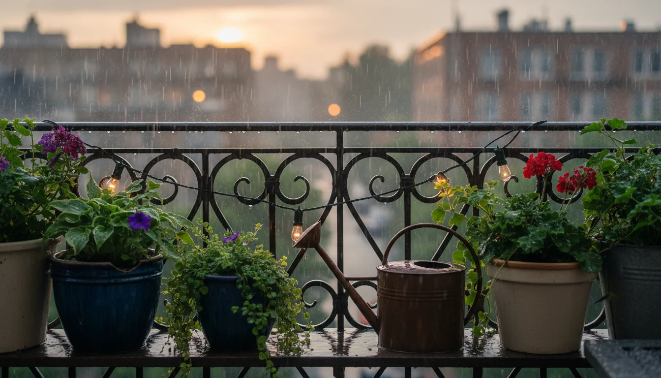 Mismatched buckets and watering cans catching rainwater on a small urban balcony amidst thriving container plants during a soft rain.