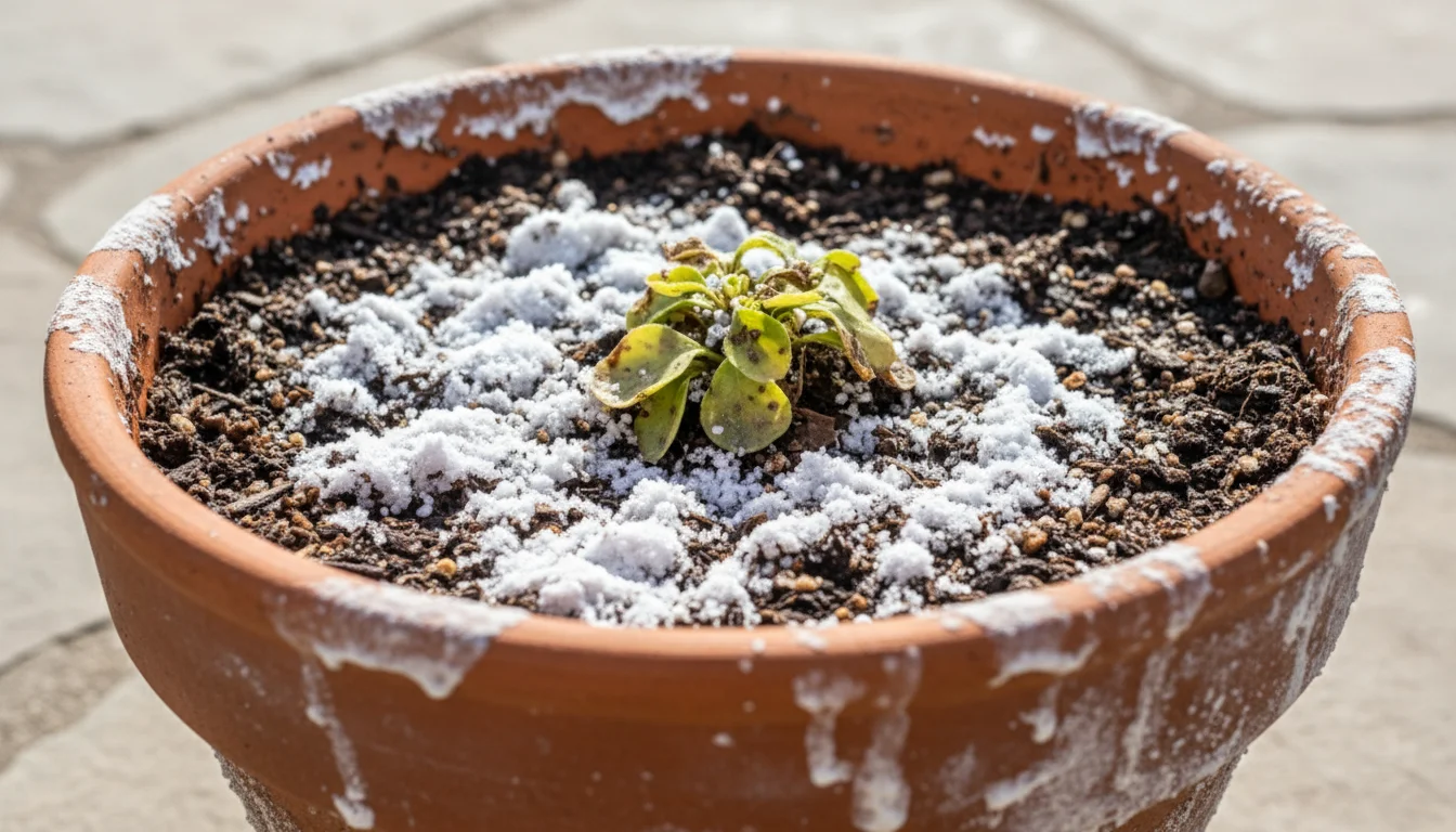 Close-up of moist soil in a container pot, showing white salt crust buildup and yellowed, stressed plant leaves.