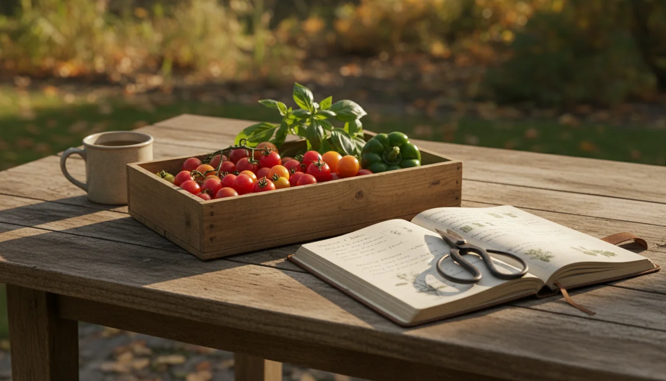 An open garden journal with handwritten notes next to a small wooden crate of late-season vegetables on a patio table.