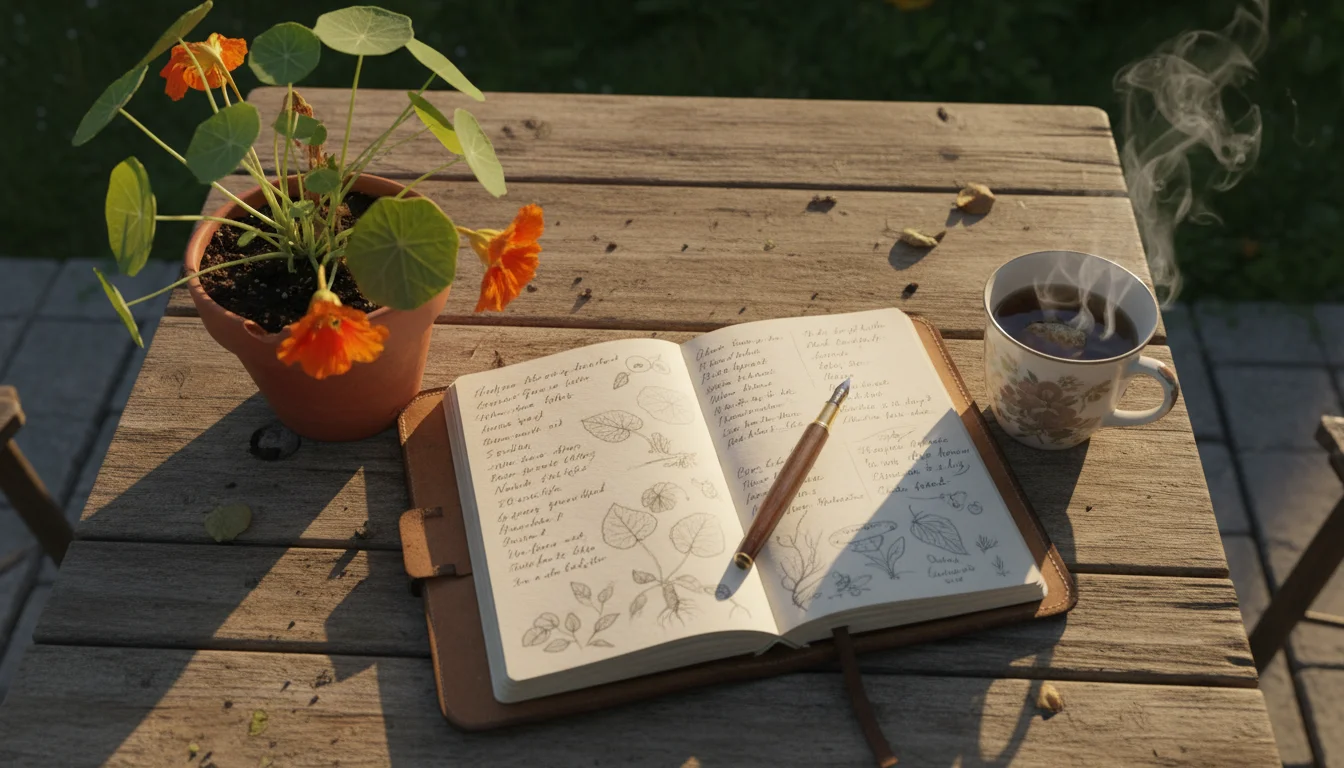 Overhead view of an open garden journal, a pen, a terracotta pot with a fading nasturtium, and a cup of tea on a wooden table.