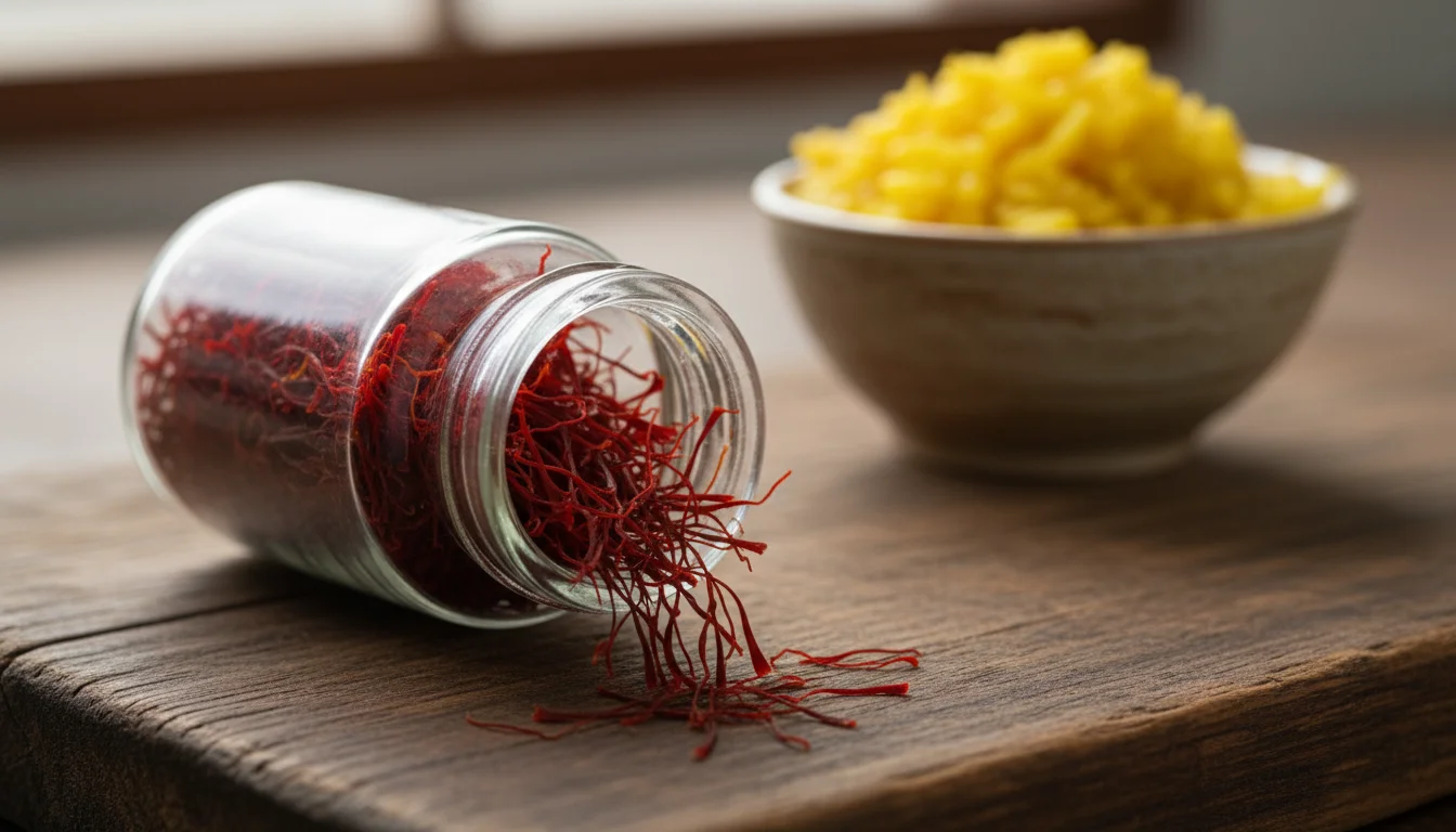 Open glass jar of deep red saffron threads spilling onto a wooden board, with blurred saffron rice in a bowl.