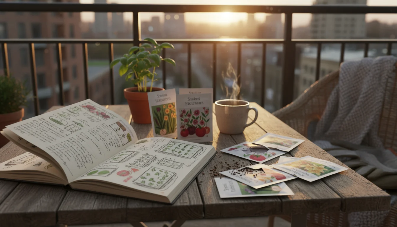 An open, handwritten gardening journal and colorful seed packets on a weathered table on a balcony.