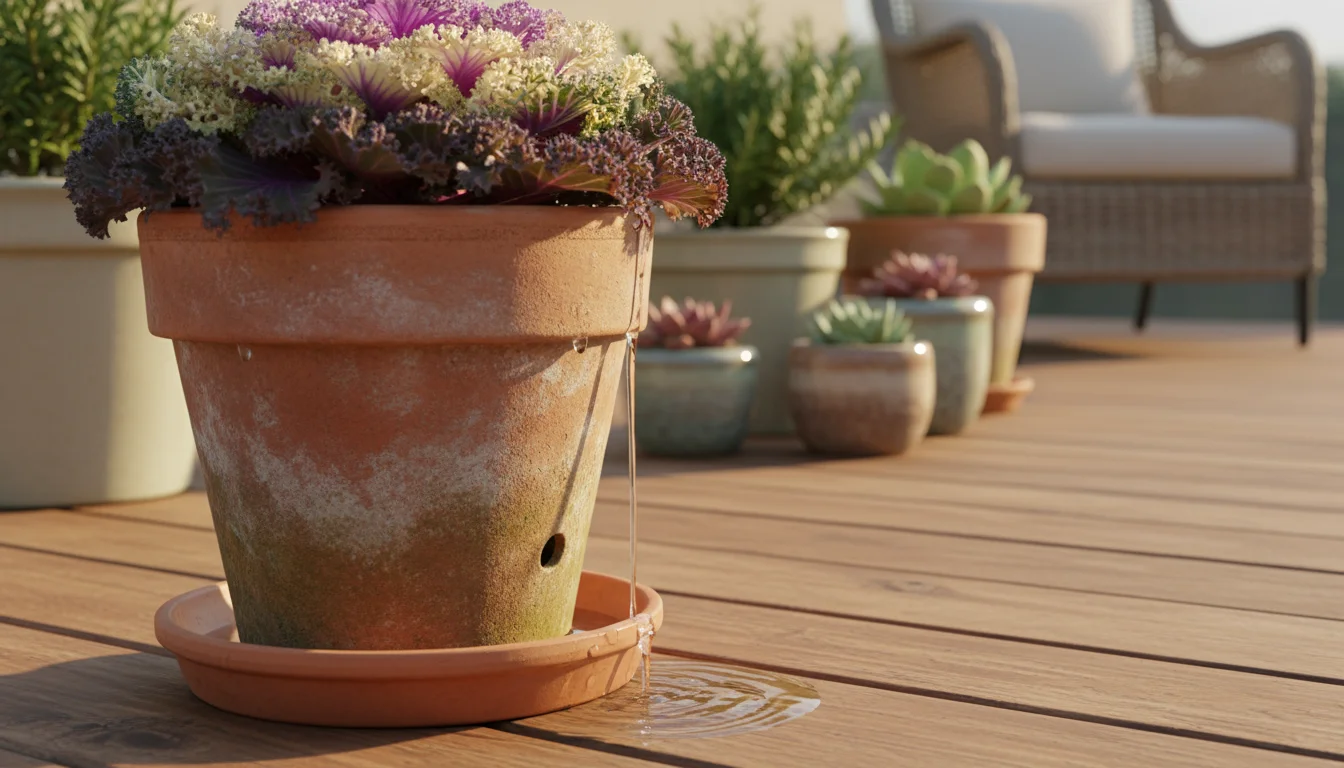 Ornamental kale in a terracotta pot with water draining into a saucer on a wooden patio.