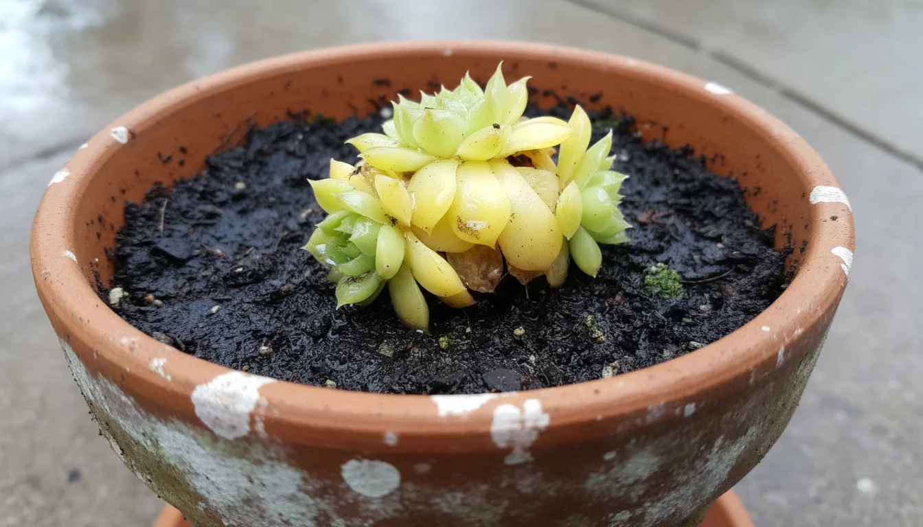 Close-up of an overwatered Sempervivum succulent in a terracotta pot, showing yellow, mushy leaves and dark, damp soil.