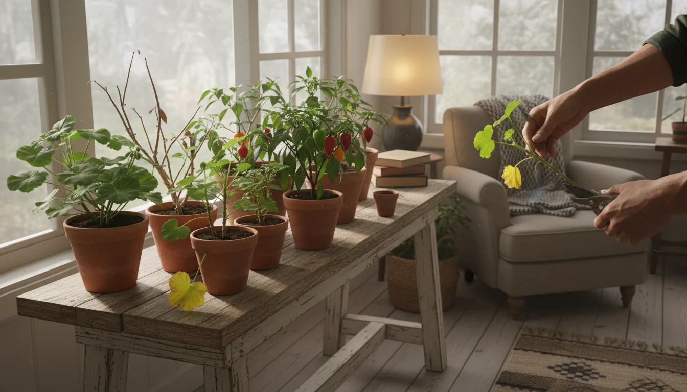 A pair of hands gently prunes a yellowed leaf from a potted geranium, surrounded by other overwintering plants on an indoor table.