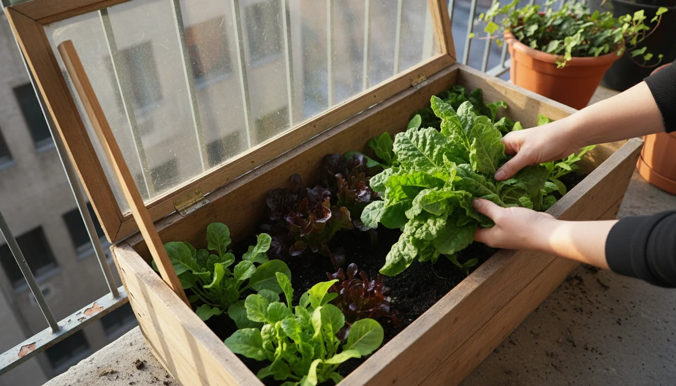 A pair of hands gently tending to vibrant green spinach and kale growing in a DIY wooden cold frame on a balcony.