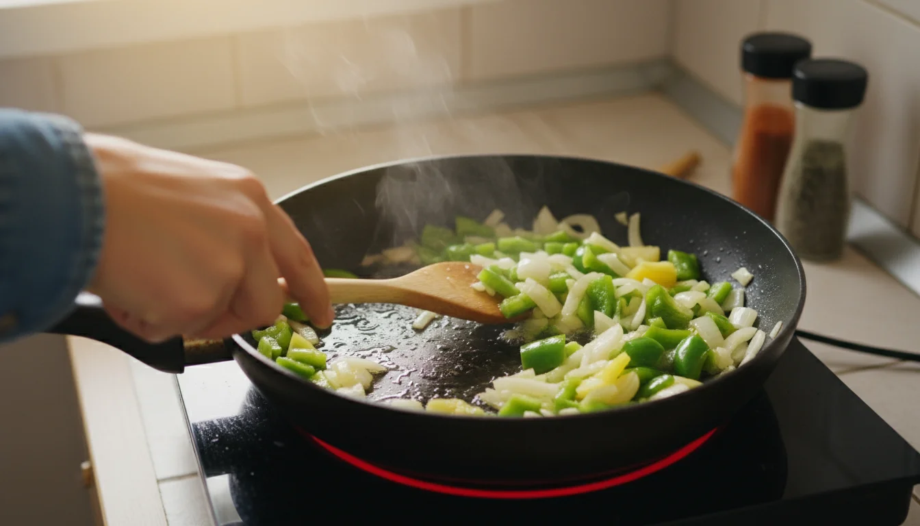 Pan-fried unripe green and pale yellow bell peppers and sliced onions sizzling in a pan on an electric stove, being stirred with a wooden spoon.
