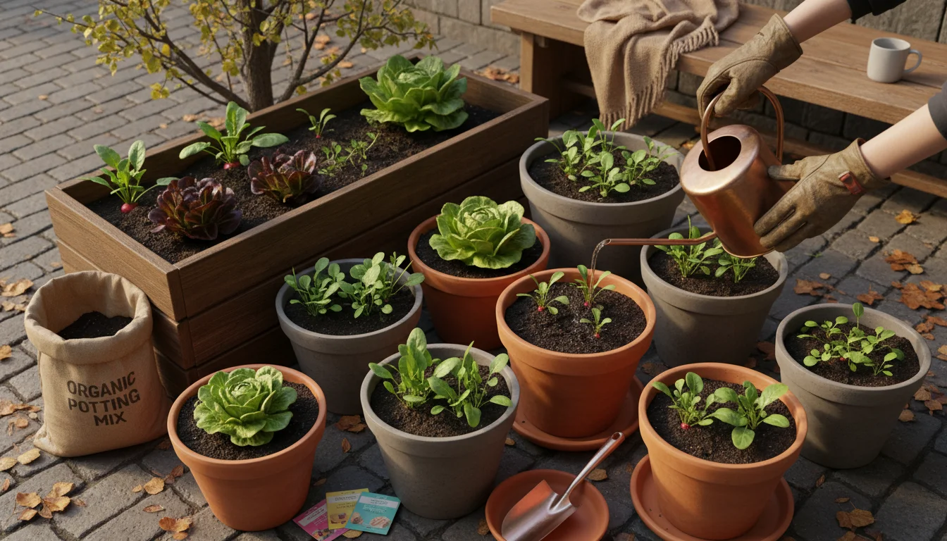 Elevated view of a patio with diverse containers holding new spinach, lettuce, radish sprouts. Gardening tools, seed packets, and hands watering a pot