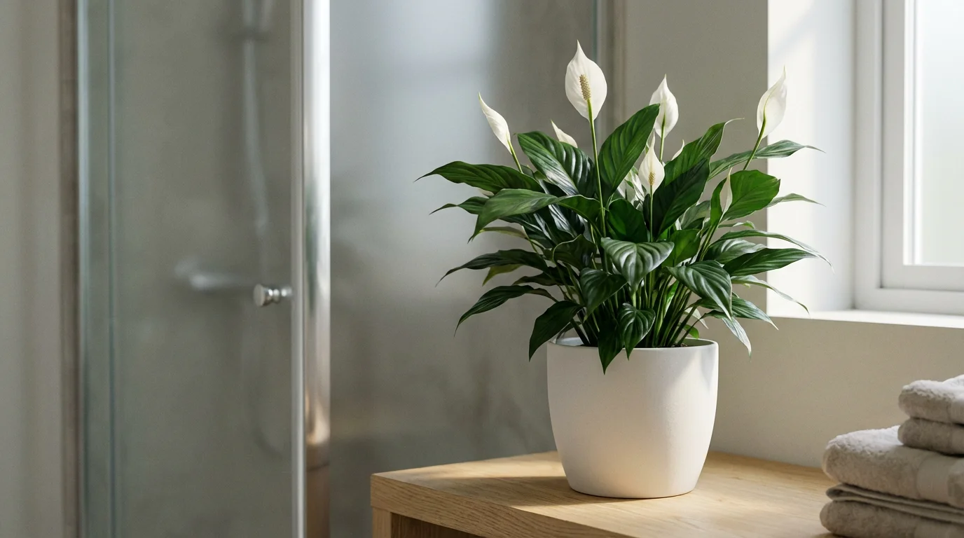 Peace lily plant with white flowers sitting on a wooden shelf in a bright bathroom.
