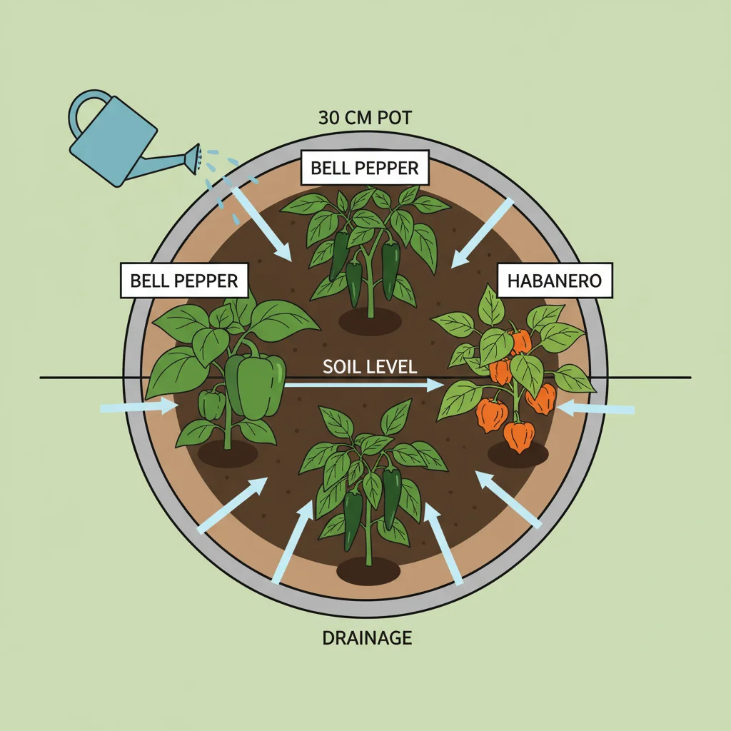 Pepper plant diagram in 30cm pot. Arrows show water flow. Labels indicate soil & plant parts (stem, leaves, peppers).
