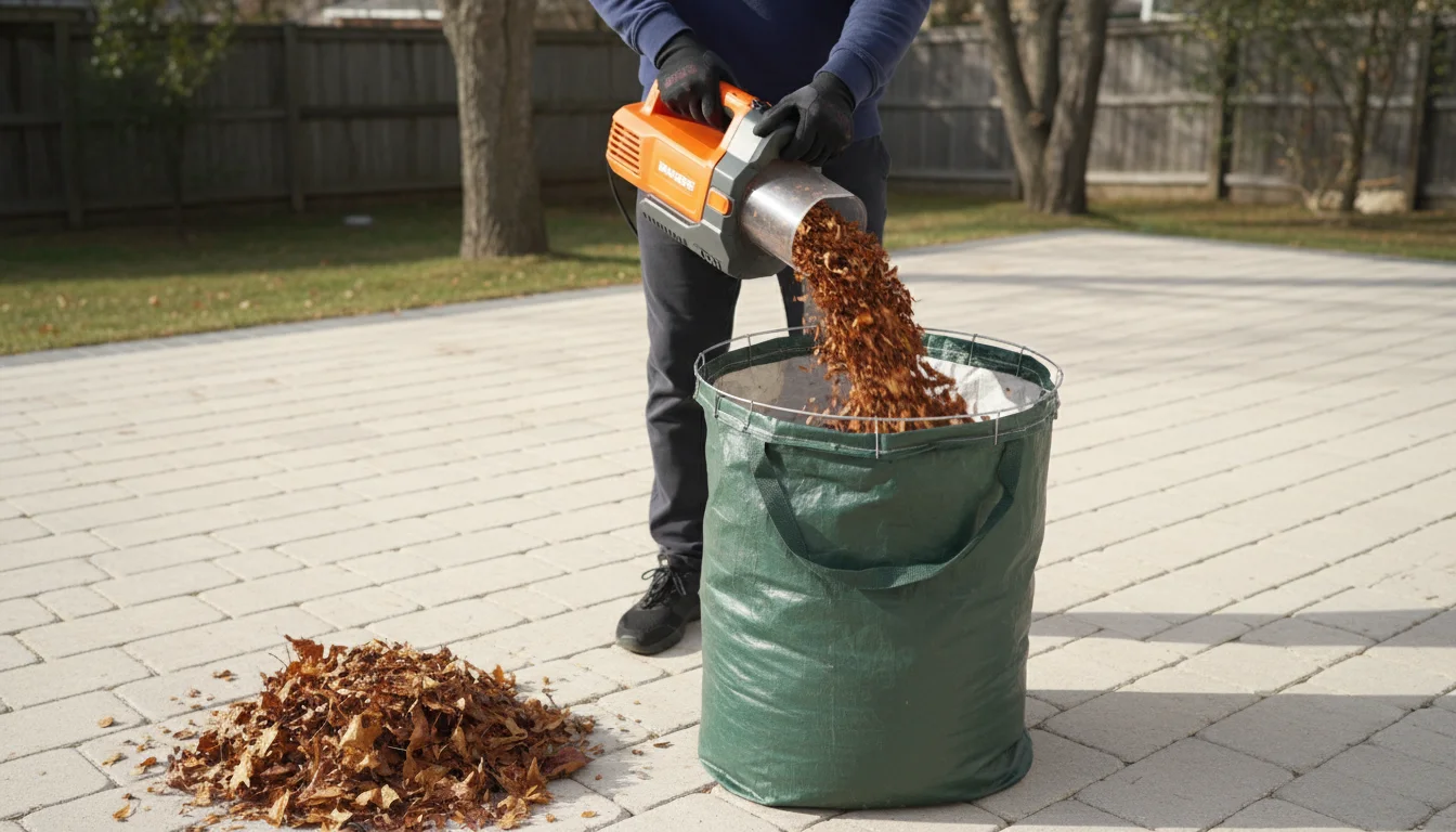 Person actively using an electric leaf shredder to mulch dry autumn leaves into a collection bag on a paver patio, with container plants nearby.