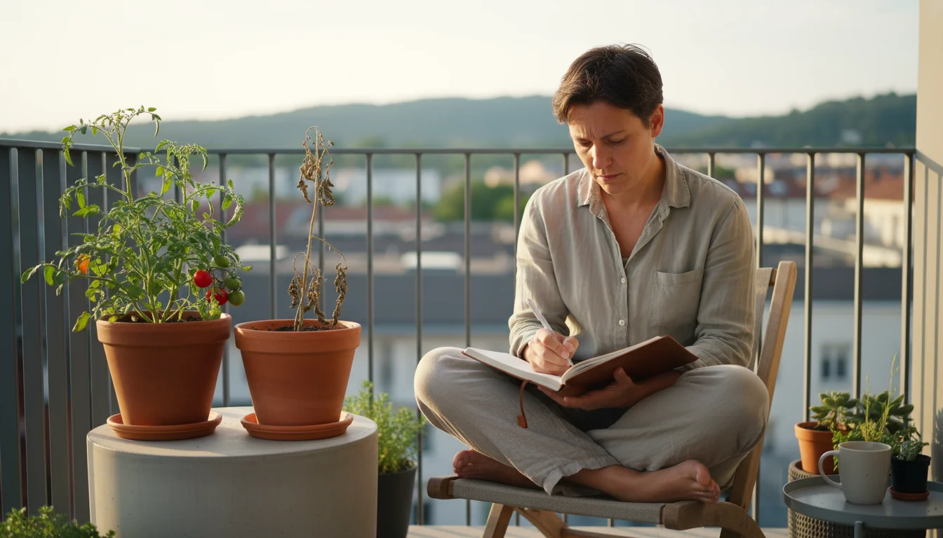 A person on a balcony patio reviews a journal next to a thriving tomato plant and a sparse herb container in late afternoon light.