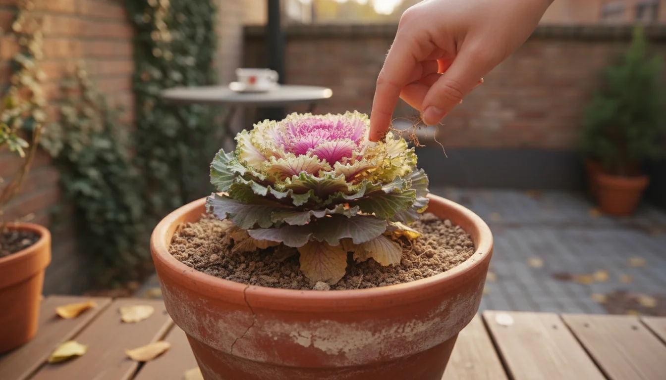 Person's bare hand with two fingers pressed into dry soil of a potted ornamental kale, demonstrating a fall watering check.