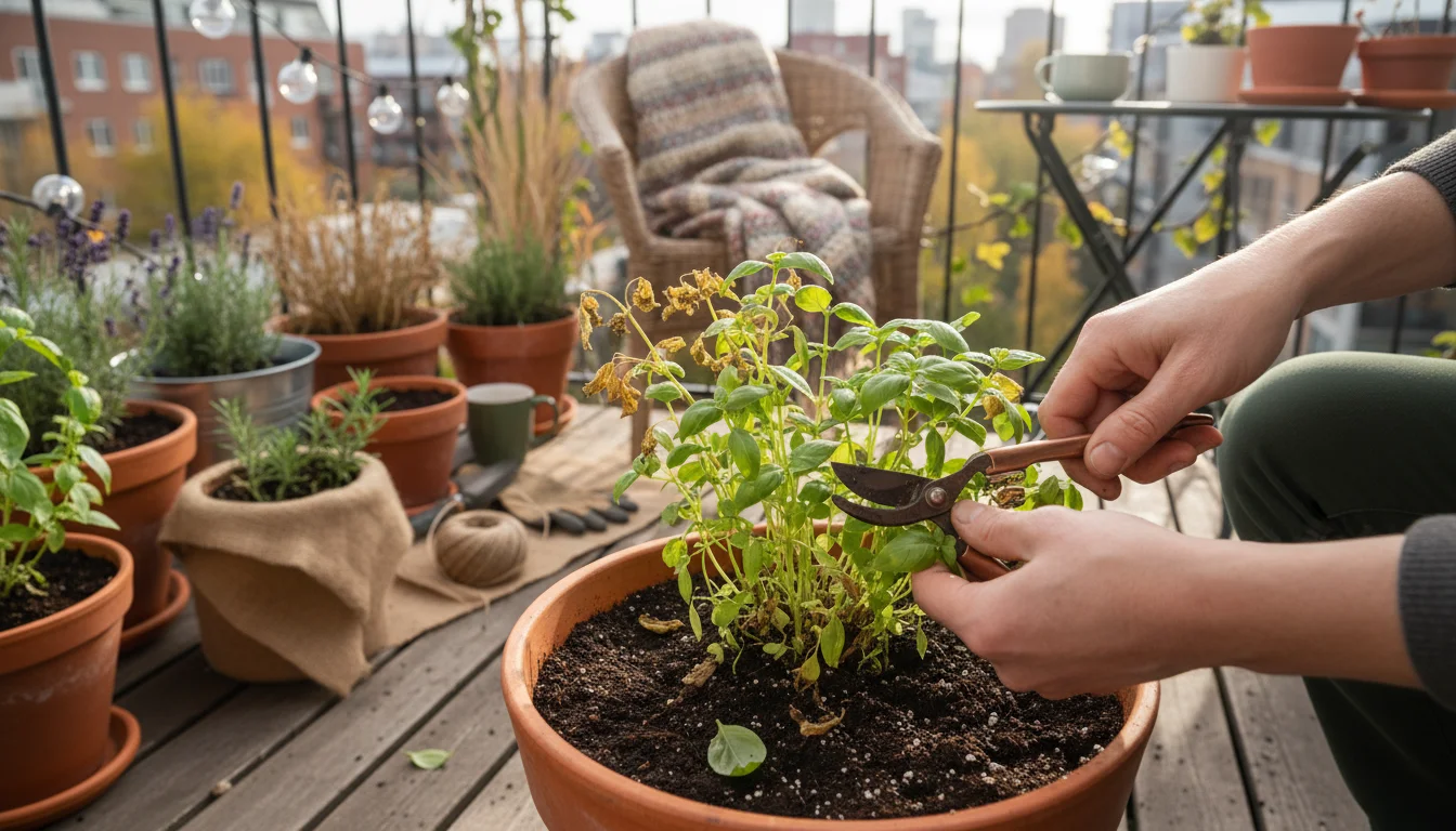 A person's bare hands carefully prune dead leaves from an herb plant in a terracotta pot on an autumn balcony.