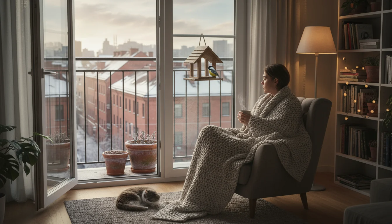 A person bundled in a blanket watches a chickadee feeding at a simple bird feeder on an urban balcony through a glass door.