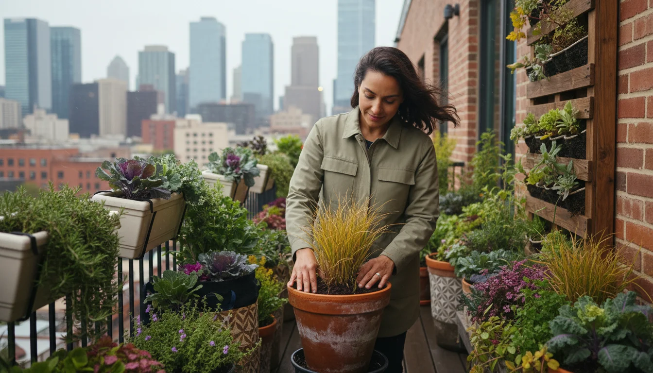 A person checking the damp soil in a terracotta pot on an urban balcony garden under an overcast sky, surrounded by healthy container plants.