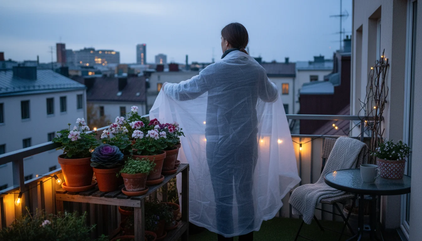 Person carefully covers several fall container plants on an urban balcony with a white frost cloth at dusk.