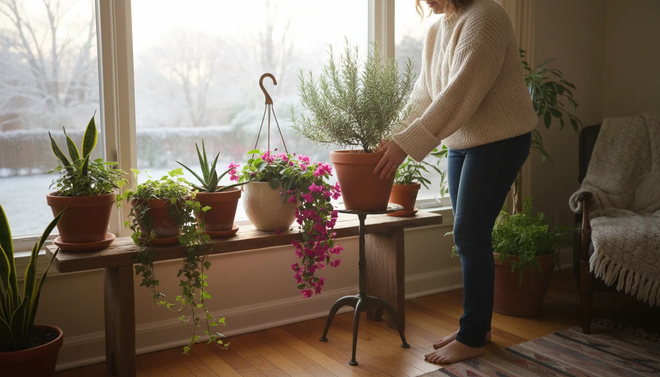 Person in a cozy sweater gently lifts a rosemary plant in a terracotta pot near a sunlit window indoors, checking its weight.