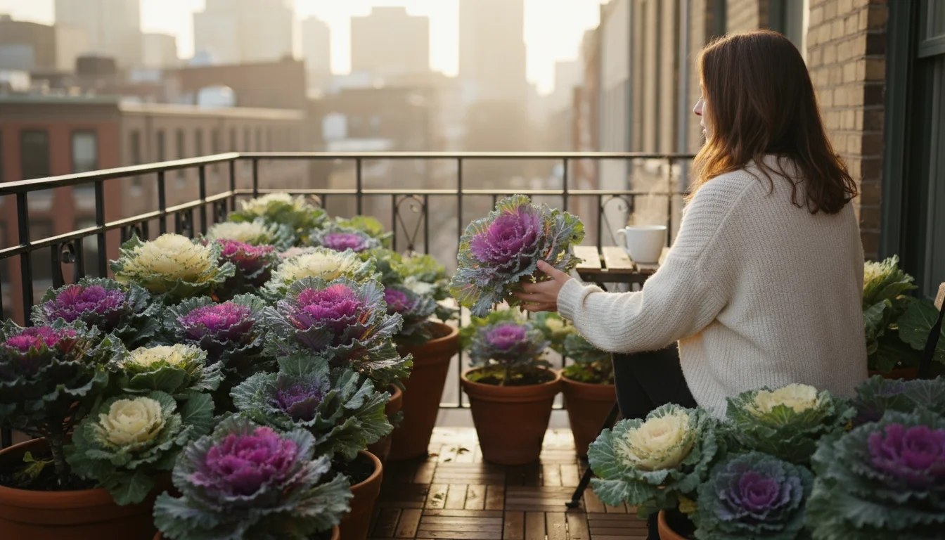 Person in a cozy sweater gently touching dew-kissed ornamental kale in a terracotta pot on a compact urban balcony on a crisp morning.